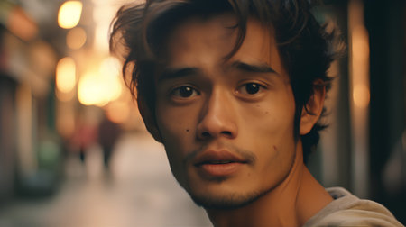 Portrait of a young asian man in the street at nightの素材