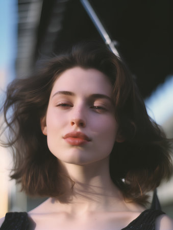 portrait of a beautiful young girl with long hair in the cityの素材