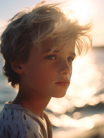 Portrait of a boy with blond hair on the beach at sunsetの素材