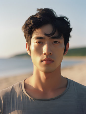 Portrait of young handsome asian man on the beach at sunsetの素材
