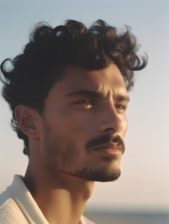 Portrait of a handsome young man with curly hair. Men's beauty, fashion.の素材