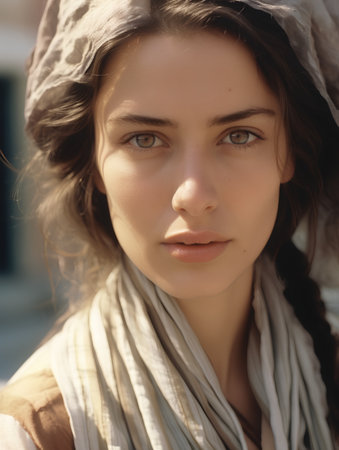 Portrait of a beautiful girl in a hat with a scarf.の素材