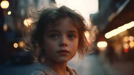 Portrait of a beautiful little girl in the city at night.の素材