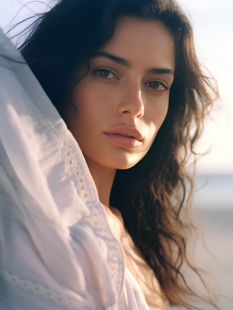 Portrait of a beautiful young brunette woman on the beach.の素材