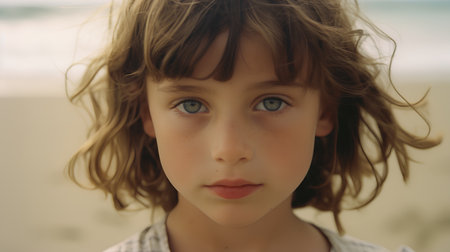 Portrait of a beautiful little girl with long hair and blue eyesの素材