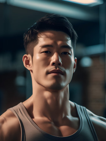 Portrait of a handsome asian man in sportswear looking at cameraの素材