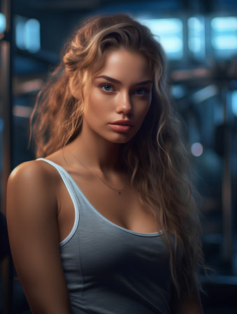 Portrait of a beautiful young woman in the gym. Beauty, fashion.の素材