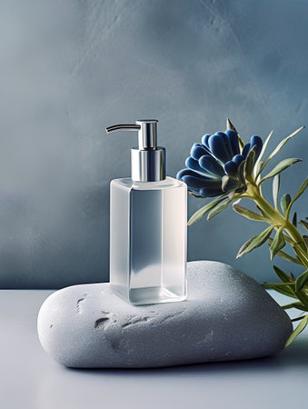Cosmetic bottle with liquid soap and succulent plant on grey stone background. Beauty and spa concept.の素材