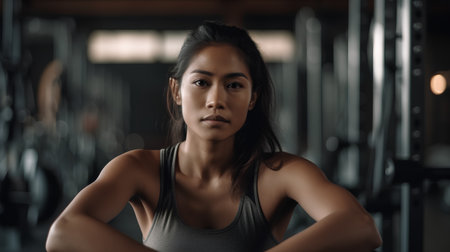 Portrait of a young beautiful asian woman working out in the gymの素材