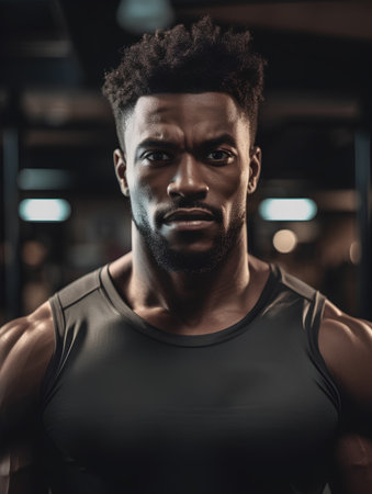 Portrait of young african american man in gym looking at cameraの素材