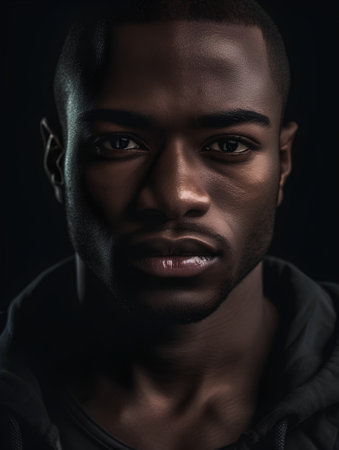 Portrait of handsome african american man looking at camera on black backgroundの素材