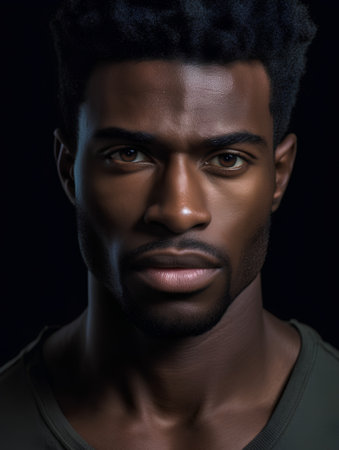 Portrait of handsome african american man looking at camera on black backgroundの素材