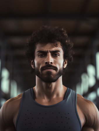 Portrait of a handsome young man with curly hair in the gymの素材