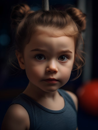 Portrait of a cute little girl at the gym. Close-up.の素材