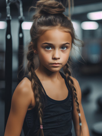 Portrait of a little girl with braids in a gym.の素材
