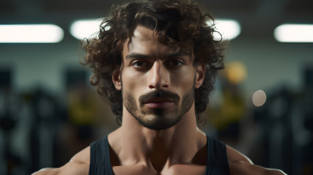 Portrait of a handsome young man with curly hair in the gymの素材