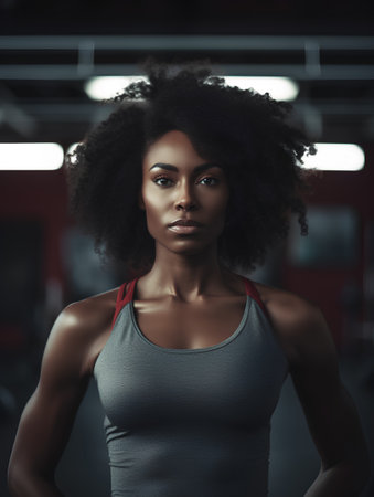 Beautiful african american woman with afro hairstyle posing in gymの素材