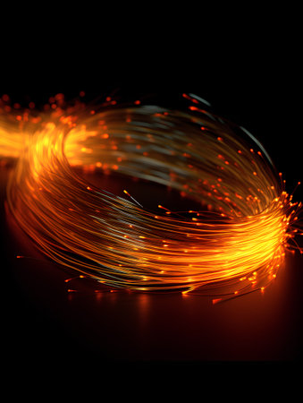 Fiber optics background. Close-up of glowing fiber optic strands.の素材