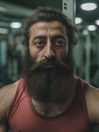 Portrait of a handsome young man with a long beard and mustache in the gymの素材