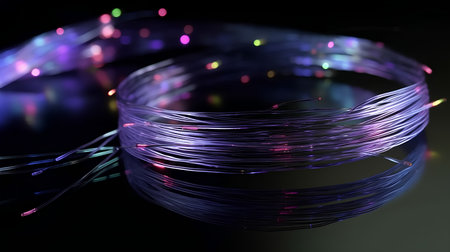 fiber optical network cable close up in the dark with colorful lightsの素材