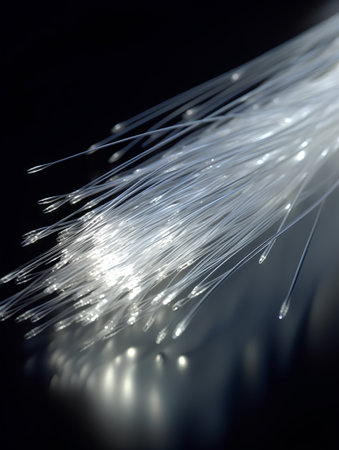 optical fibres dinamic flying from deep on technology cable backgroundの素材