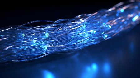 3d illustration of abstract technology background with fiber optic light strands.の素材