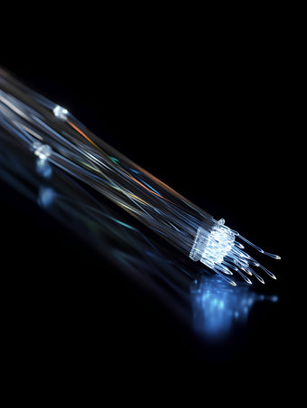 optical fibres dinamic flying from deep on technology background close upの素材