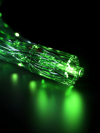 close up of fiber optic cable in green light on black background.の素材