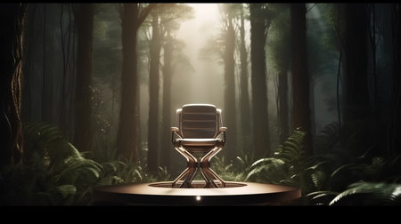 3d rendering of a modern office chair in a dark forest.の素材