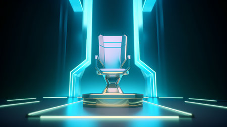 3D rendering of an abstract background with neon lights and a chairの素材