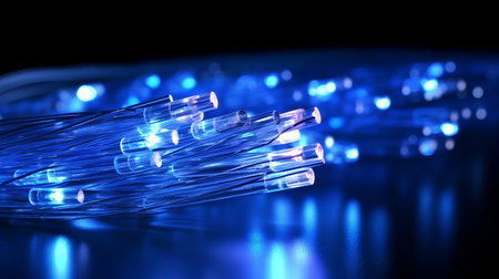 fiber optical network cable close up with blue lighted bokehの素材