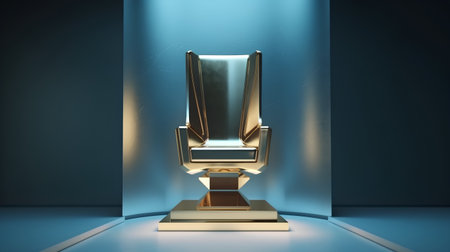 golden trophy on blue background, 3d render, square imageの素材