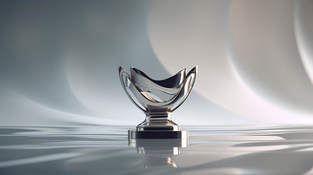 3d rendering of a silver trophy cup on a reflective surface.の素材