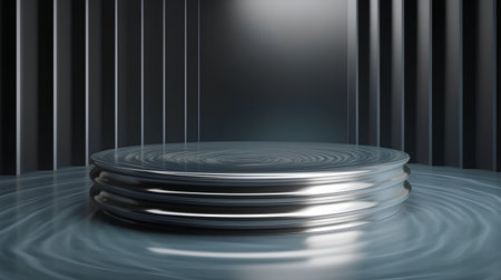 3d render of podium in dark room with waves and spotlightsの素材