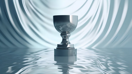 silver trophy cup on blue curtain background with water surface, 3d renderの素材