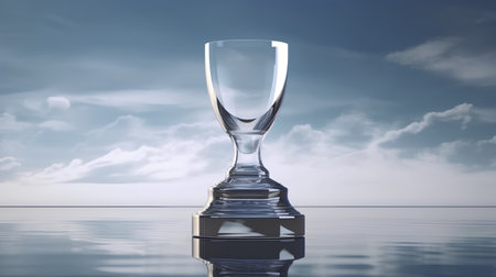Empty champagne glass on the background of blue sky with clouds. 3d renderの素材