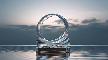 3d render of a glass ring in the water with sky reflectionの素材