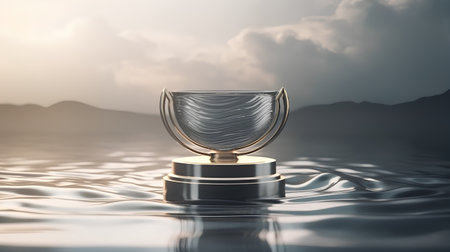 3D render of a trophy on a water surface with mountains in the backgroundの素材