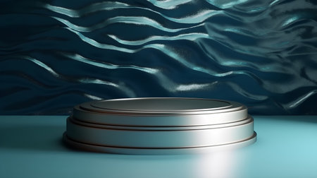 Podium on blue background with waves. 3d render. Abstract background.の素材