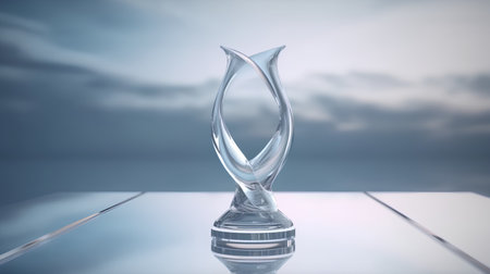 3d render of glass sculpture on the table with cloudy sky backgroundの素材