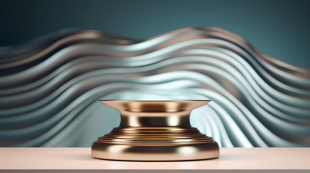 3d render of a golden pedestal on a blue background with wavesの素材