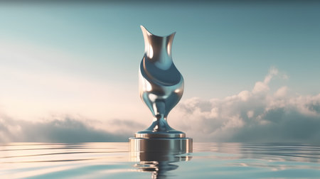 silver trophy on the water surface with clouds in the background. 3d renderの素材