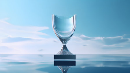 3D render of a wineglass on the water surface with clouds in the backgroundの素材