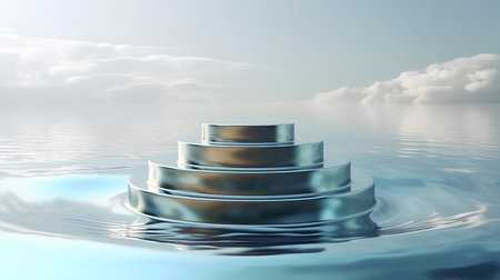 Conceptual 3D business podium over water with clouds and waves backgroundの素材
