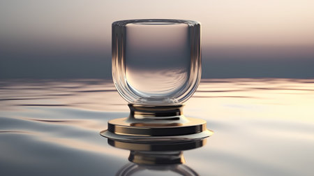 3d render of a glass cup on a golden pedestal.の素材