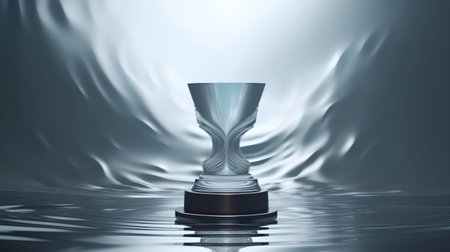 Silver trophy cup on water surface. 3d render illustration with reflectionの素材