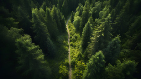 Aerial view of the road through the green coniferous forestの素材