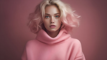 Fashion portrait of beautiful young woman with pink hair. Girl in a pink sweater.の素材