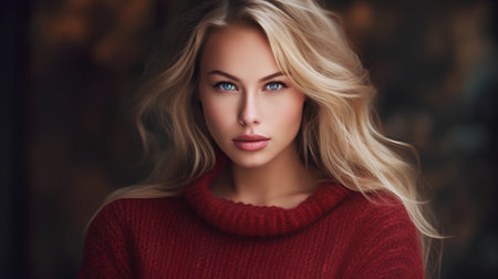 Portrait of a beautiful young blonde woman in a red sweater.の素材