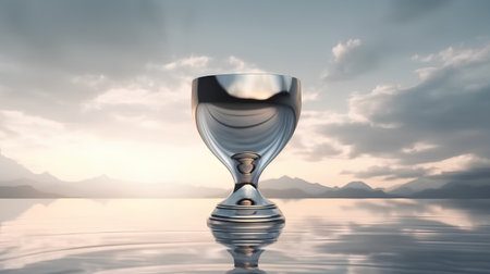 Wineglass on the water with mountains in the background, 3d renderの素材